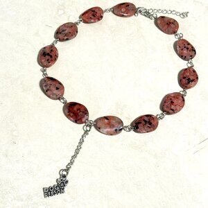 Black Pink Rhodonite Short Lariat Necklace, Gemstone & Dog Person Paw Print